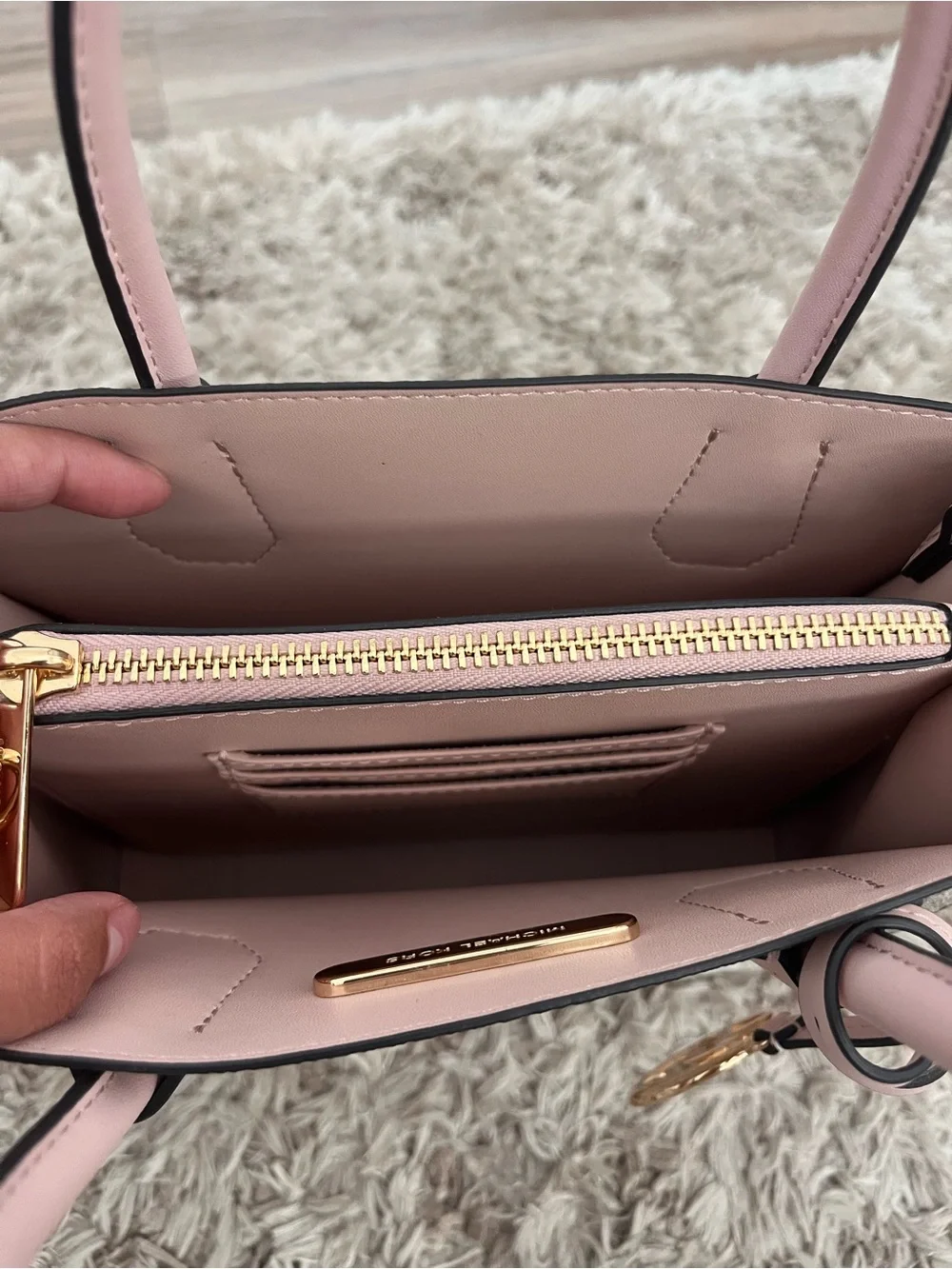 Michael Kors Pink Handle Cream MK Logo Satchel